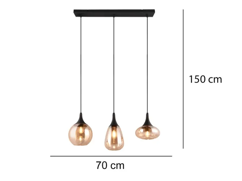 Ausgefallene LED Pendelleuchte 3-flammig, Glas amberfarbig, Breite 70cm