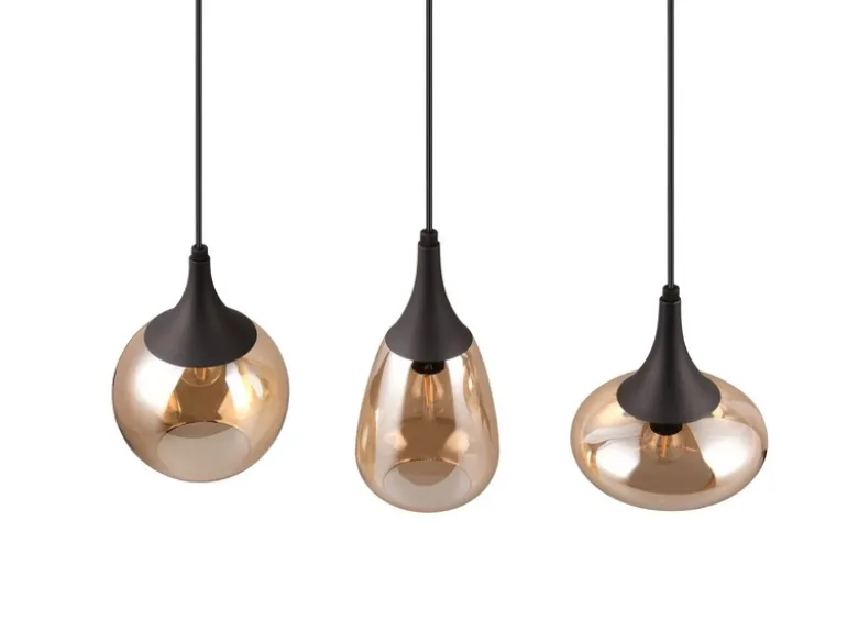 Ausgefallene LED Pendelleuchte 3-flammig, Glas amberfarbig, Breite 70cm