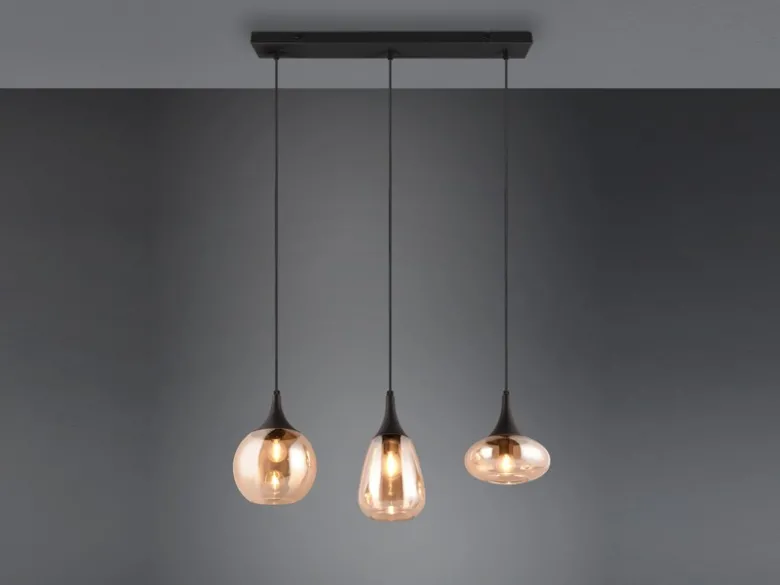 Ausgefallene LED Pendelleuchte 3-flammig, Glas amberfarbig, Breite 70cm