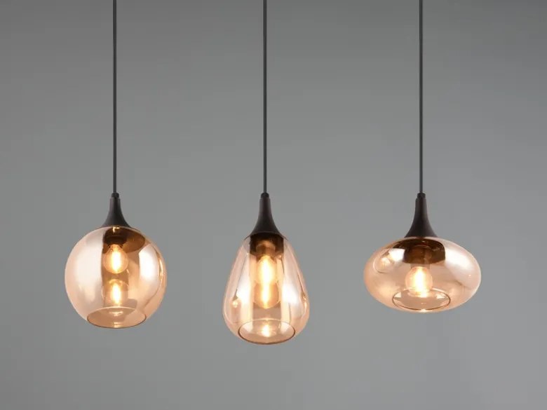 Ausgefallene LED Pendelleuchte 3-flammig, Glas amberfarbig, Breite 70cm