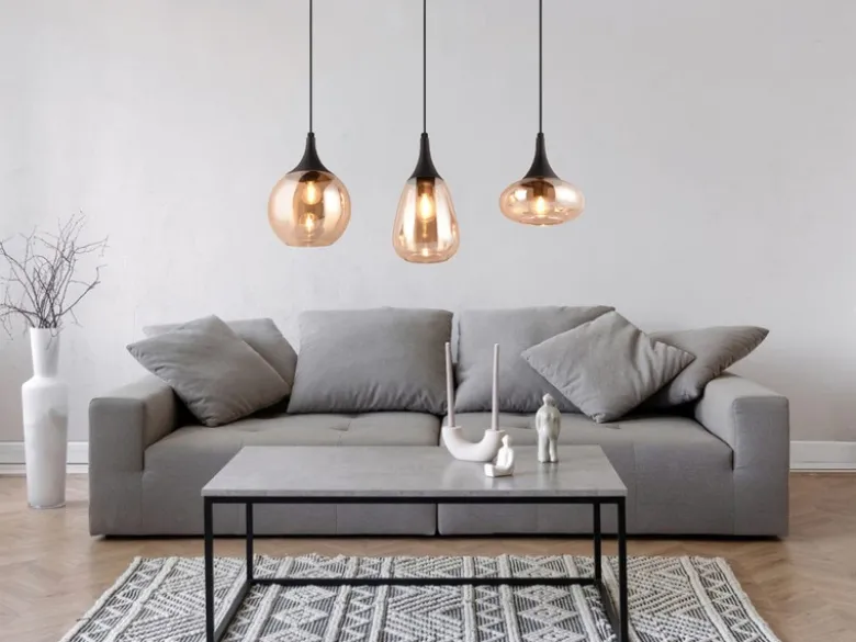 Ausgefallene LED Pendelleuchte 3-flammig, Glas amberfarbig, Breite 70cm