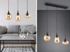 Ausgefallene LED Pendelleuchte 3-flammig, Glas amberfarbig, Breite 70cm