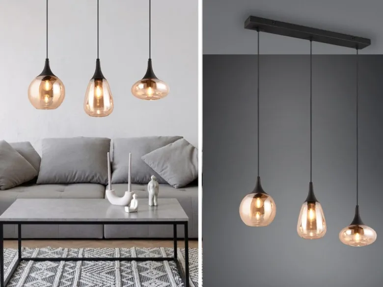 Ausgefallene LED Pendelleuchte 3-flammig, Glas amberfarbig, Breite 70cm