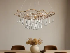 Ausgefallene LED Pendelleuchte Gold matt mit Glas Behang Ø 91cm
