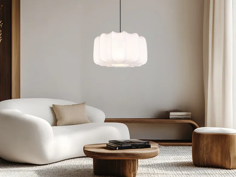 Ausgefallene LED Pendelleuchte mit Stoff Lampenschirm in Weiß, Ø 40cm