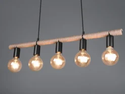 Ausgefallene LED Pendelleuchte 5 flammig Balken mit Sisal Seil, Breite 80cm