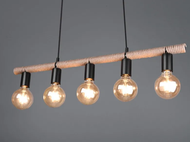 Ausgefallene LED Pendelleuchte 5 flammig Balken mit Sisal Seil, Breite 80cm