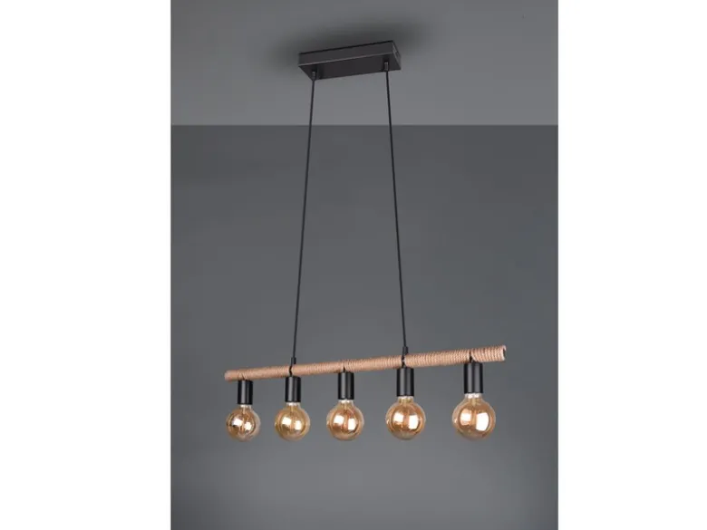 Ausgefallene LED Pendelleuchte 5 flammig Balken mit Sisal Seil, Breite 80cm