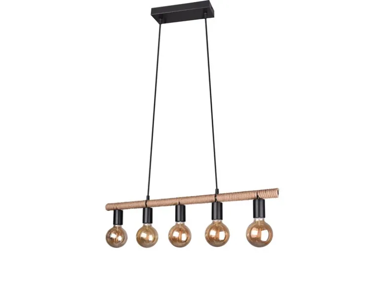 Ausgefallene LED Pendelleuchte 5 flammig Balken mit Sisal Seil, Breite 80cm