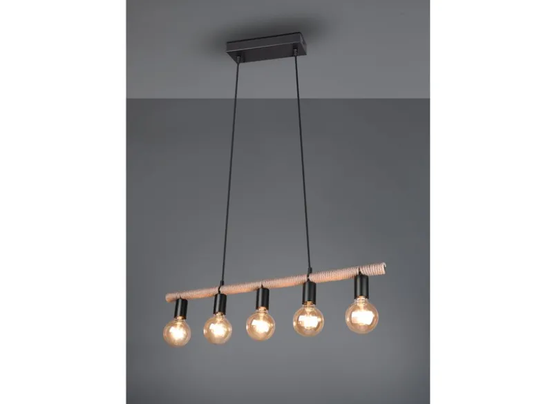 Ausgefallene LED Pendelleuchte 5 flammig Balken mit Sisal Seil, Breite 80cm