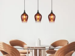 Ausgefallene LED Pendelleuchte mit drei Kupferfarbigen Schirmen, Breite 83cm