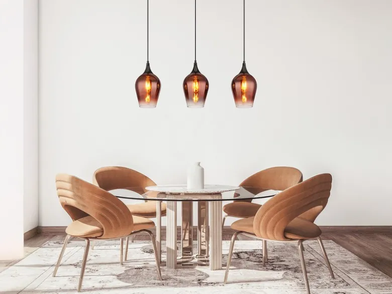 Ausgefallene LED Pendelleuchte mit drei Kupferfarbigen Schirmen, Breite 83cm