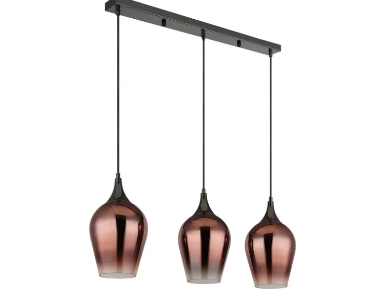 Ausgefallene LED Pendelleuchte mit drei Kupferfarbigen Schirmen, Breite 83cm
