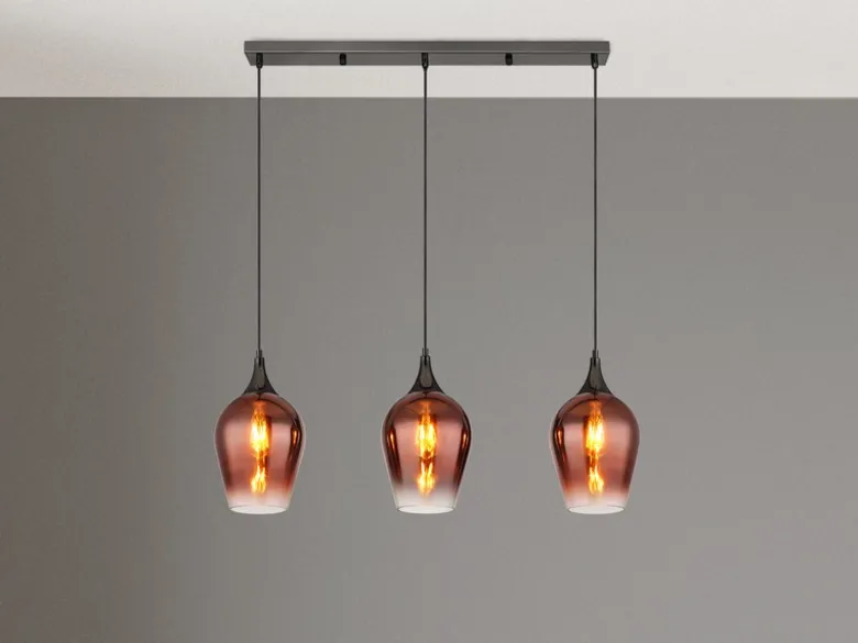 Ausgefallene LED Pendelleuchte mit drei Kupferfarbigen Schirmen, Breite 83cm