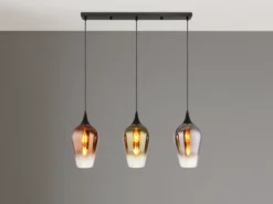 Ausgefallene LED Pendelleuchte mit drei bunten Glasschirmen, Breite 83cm