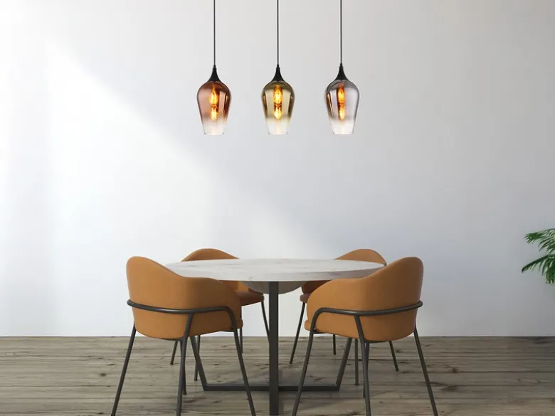 Ausgefallene LED Pendelleuchte mit drei bunten Glasschirmen, Breite 83cm