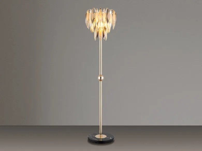 Ausgefallene LED Stehlampe Gold mit 3-farbigem K9 Kristall, Höhe 165cm