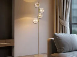 Ausgefallene LED Stehlampe mehrflammig Gold - Glaskugeln Bernstein Höhe 160cm