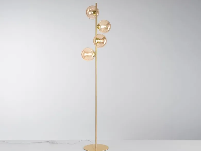 Ausgefallene LED Stehlampe mehrflammig Gold - Glaskugeln Bernstein Höhe 160cm
