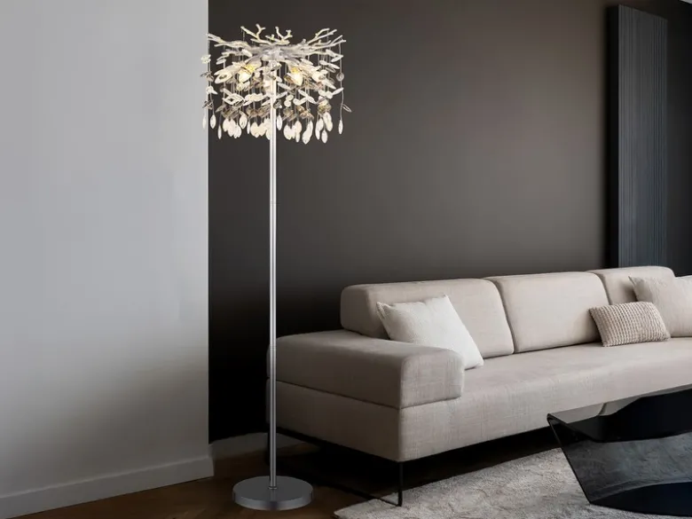 Ausgefallene LED Stehlampe Silber mit Glas Kristall 2-farbig, Höhe 155cm