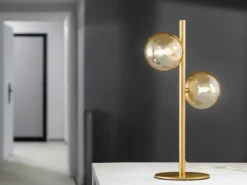 Ausgefallene LED Tischleuchte Gold - Glaskugeln Bernstein, Höhe 40cm