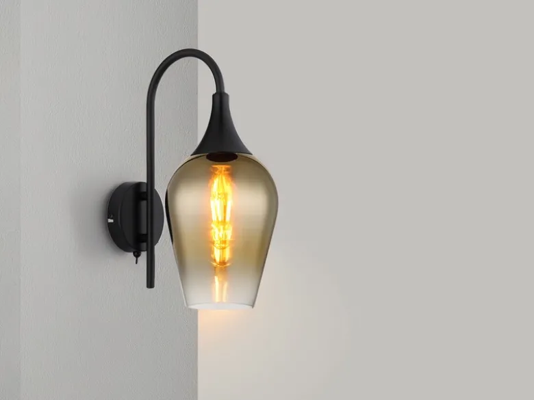 Ausgefallene LED Wandleuchte mit Schalter & Glasschirm Gold, Höhe 36cm