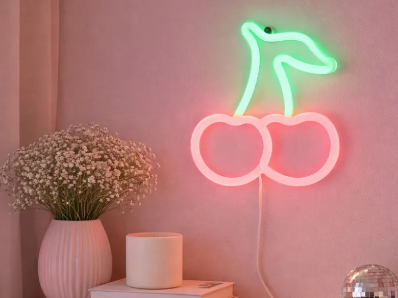 Ausgefallene Neon LED Wandlampe Kirschen mit USB Kabel & Netzteil, Höhe 22cm