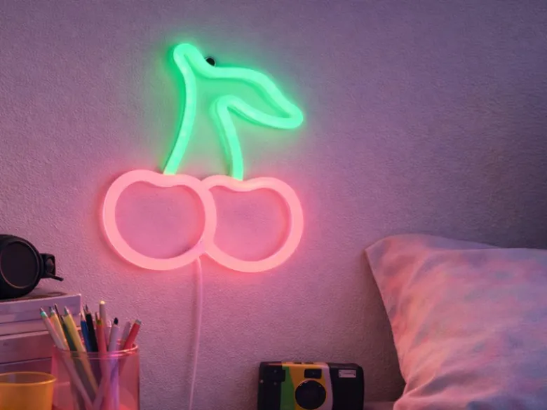Ausgefallene Neon LED Wandlampe Kirschen mit USB Kabel & Netzteil, Höhe 22cm