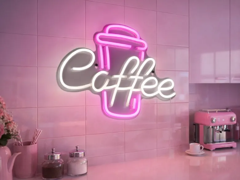 Ausgefallene Neon LED Wandleuchte COFFEE mit USB Kabel & Schalter, Breite 40cm