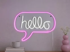 Ausgefallene Neon LED Wandleuchte HELLO mit USB Kabel & Schalter, Breite 43cm