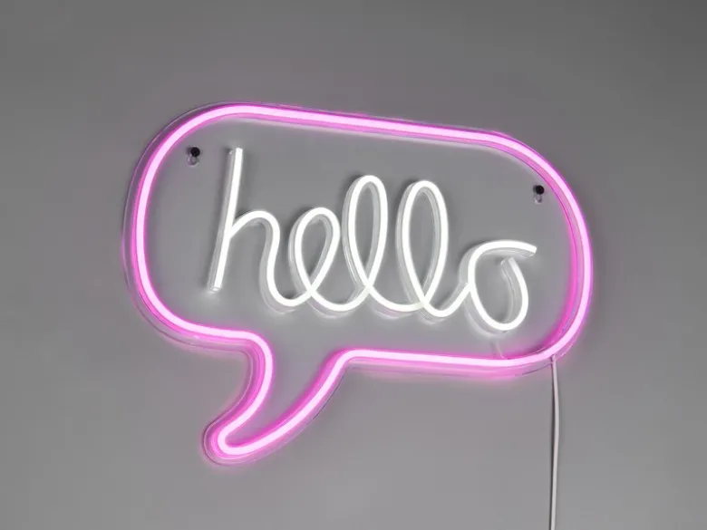 Ausgefallene Neon LED Wandleuchte HELLO mit USB Kabel & Schalter, Breite 43cm
