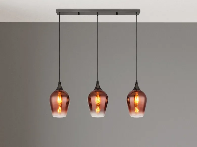 Ausgefallene Pendelleuchte LAVUS mit drei Kupferfarbigen Schirmen, B: 83cm