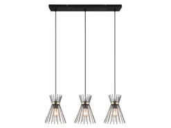Ausgefallene Pendelleuchte ROD, 3 Draht Lampenschirme Schwarz-Gold, Breite 82cm