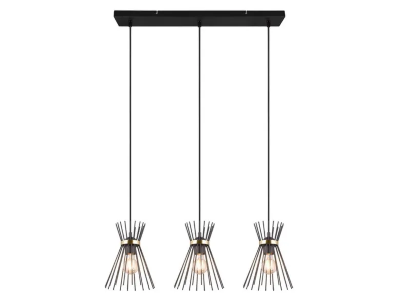 Ausgefallene Pendelleuchte ROD, 3 Draht Lampenschirme Schwarz-Gold, Breite 82cm