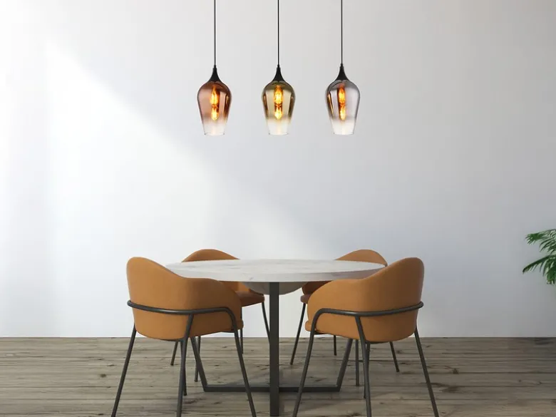 Ausgefallene Pendelleuchte LAVUS mit drei bunten Glasschirmen, Breite 83cm