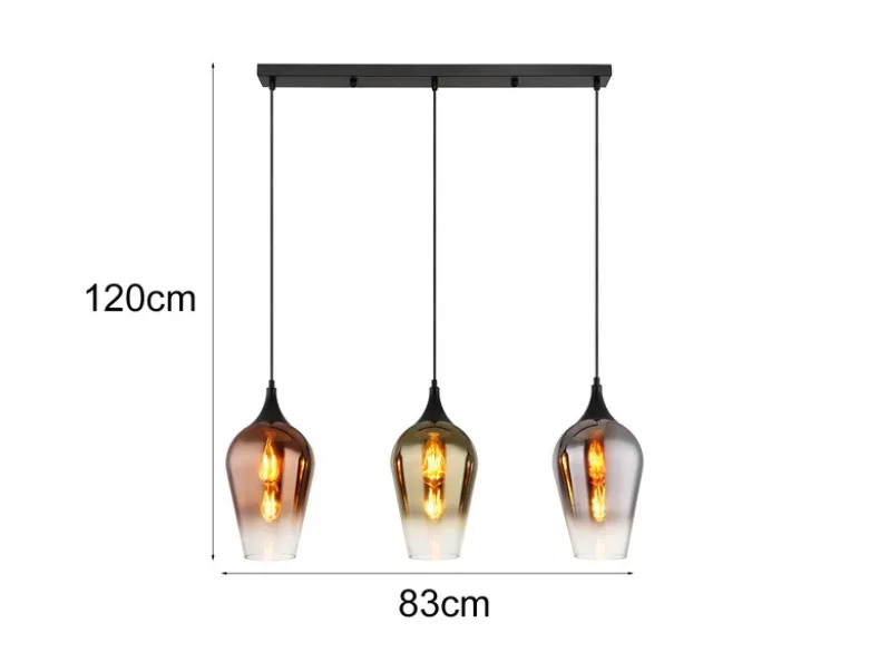 Ausgefallene Pendelleuchte LAVUS mit drei bunten Glasschirmen, Breite 83cm