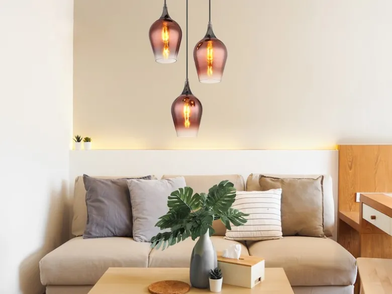 Ausgefallene Pendelleuchte LAVUS mit drei Kupferfarbigen Glasschirmen, Ø 45cm