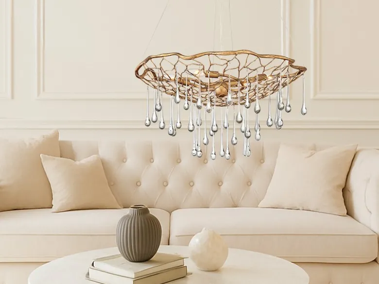 Ausgefallene Pendelleuchte LAGUNA Gold matt mit Glas Behang Ø 66cm