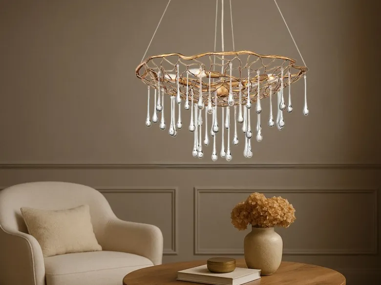 Ausgefallene Pendelleuchte LAGUNA Gold matt mit Glas Behang Ø 66cm