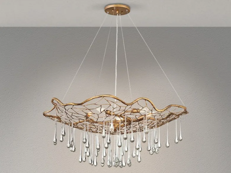 Ausgefallene Pendelleuchte LAGUNA Gold matt mit Glas Behang Ø 91cm