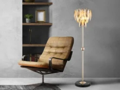 Ausgefallene Stehlampe ELINOR Gold mit 3-farbigem K9 Kristall, Höhe 165cm