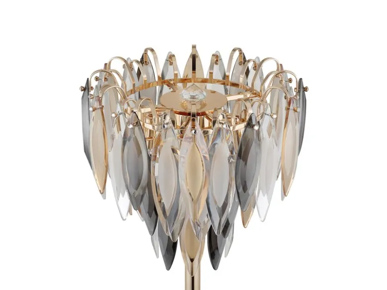 Ausgefallene Stehlampe ELINOR Gold mit 3-farbigem K9 Kristall, Höhe 165cm