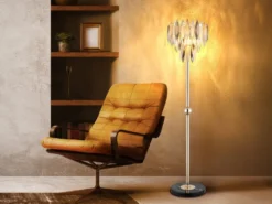 Ausgefallene Stehlampe ELINOR Gold mit 3-farbigem K9 Kristall, Höhe 165cm