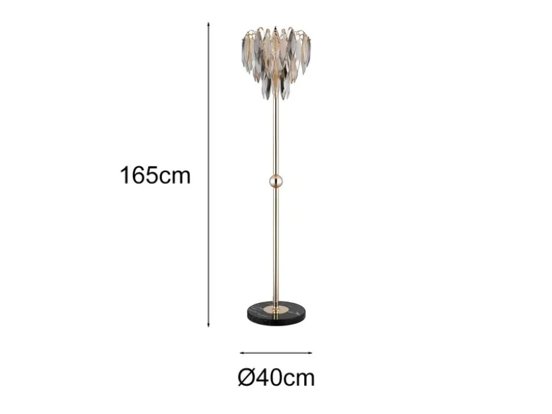 Ausgefallene Stehlampe ELINOR Gold mit 3-farbigem K9 Kristall, Höhe 165cm