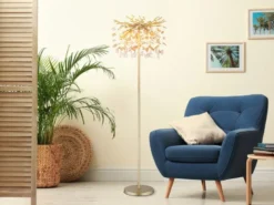 Ausgefallene Stehlampe QUEENA Gold mit Glas Kristall 2-farbig, Höhe 155cm