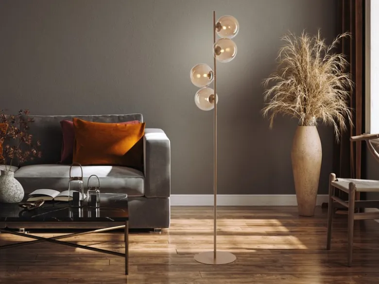 Ausgefallene Stehleuchte NEPTUN 160cm Messing - Glaskugeln Amber