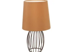 Ausgefallene Tischleuchte AKIN mit braunem Stoffschirm und Metallgitter, H: 29cm