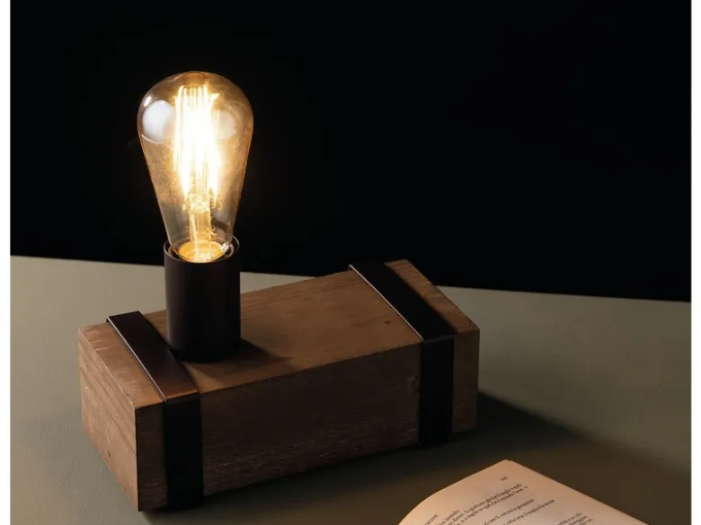 Ausgefallene Vintage Industriedesign Tischlampe TEXAS 1 flammig mit Holzbalken