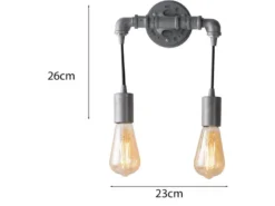 Ausgefallene Wandleuchte 2-flammig in Wasserrohr Optik, Grau antik, Höhe 26cm