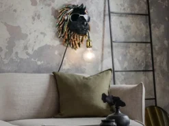 Ausgefallene Wandleuchte LEO Löwenkopf mit Stecker und Schalter, Höhe 38cm